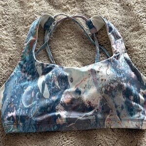 Onzie Marble-Print Blue & Pink Cross-Back Sports Bra